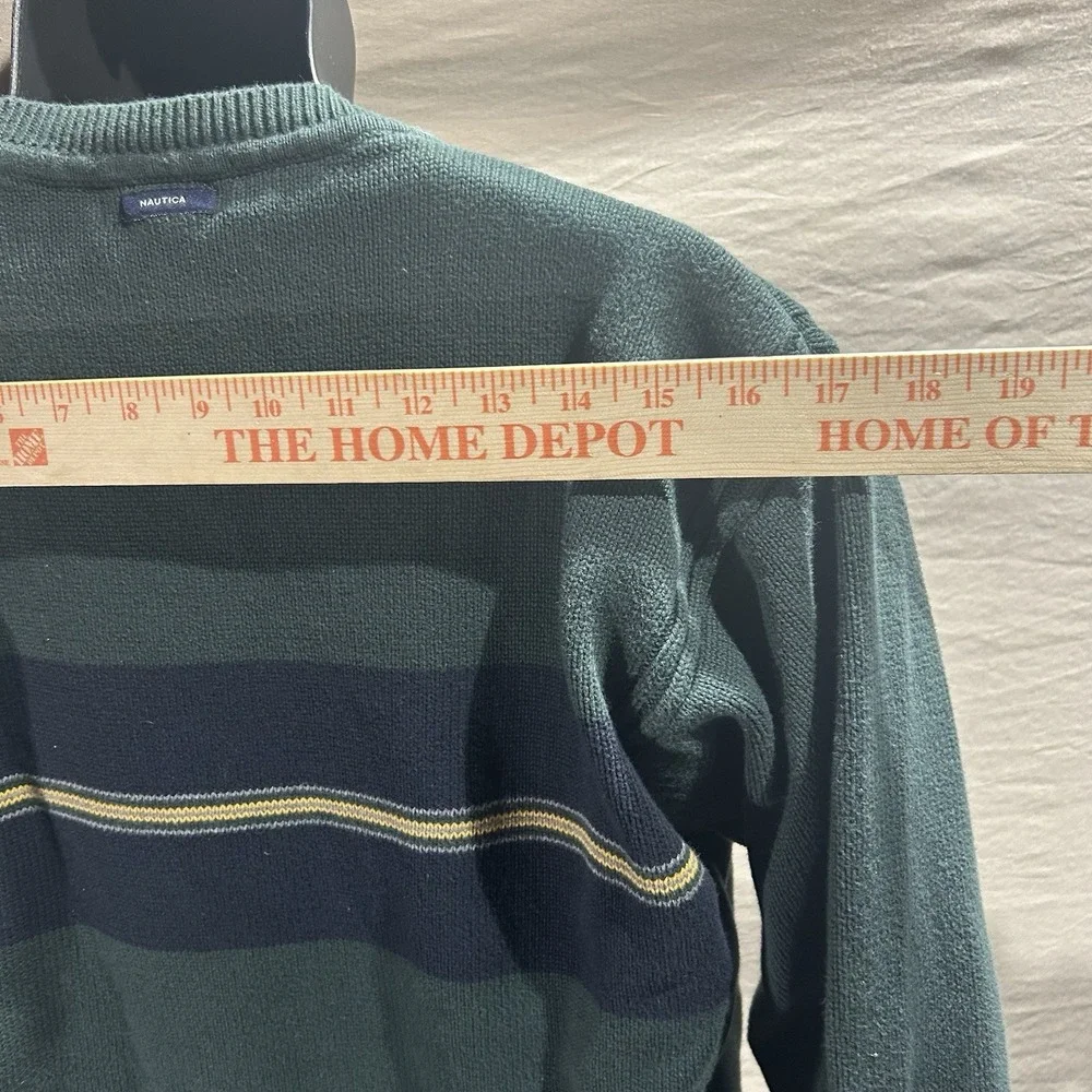 Nautica Men Medium Green Striped Crewneck Sweater Cotton J-Class Preppy Pullover